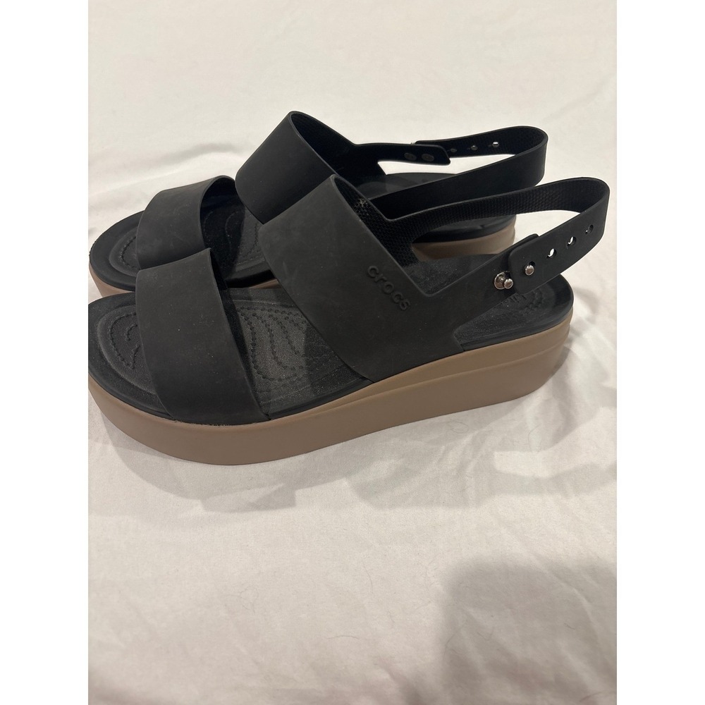 Crocs Brooklyn Low Wedge Sandals Womens 9 Black Tan Platform Strappy 206453 - Picture 2 of 4